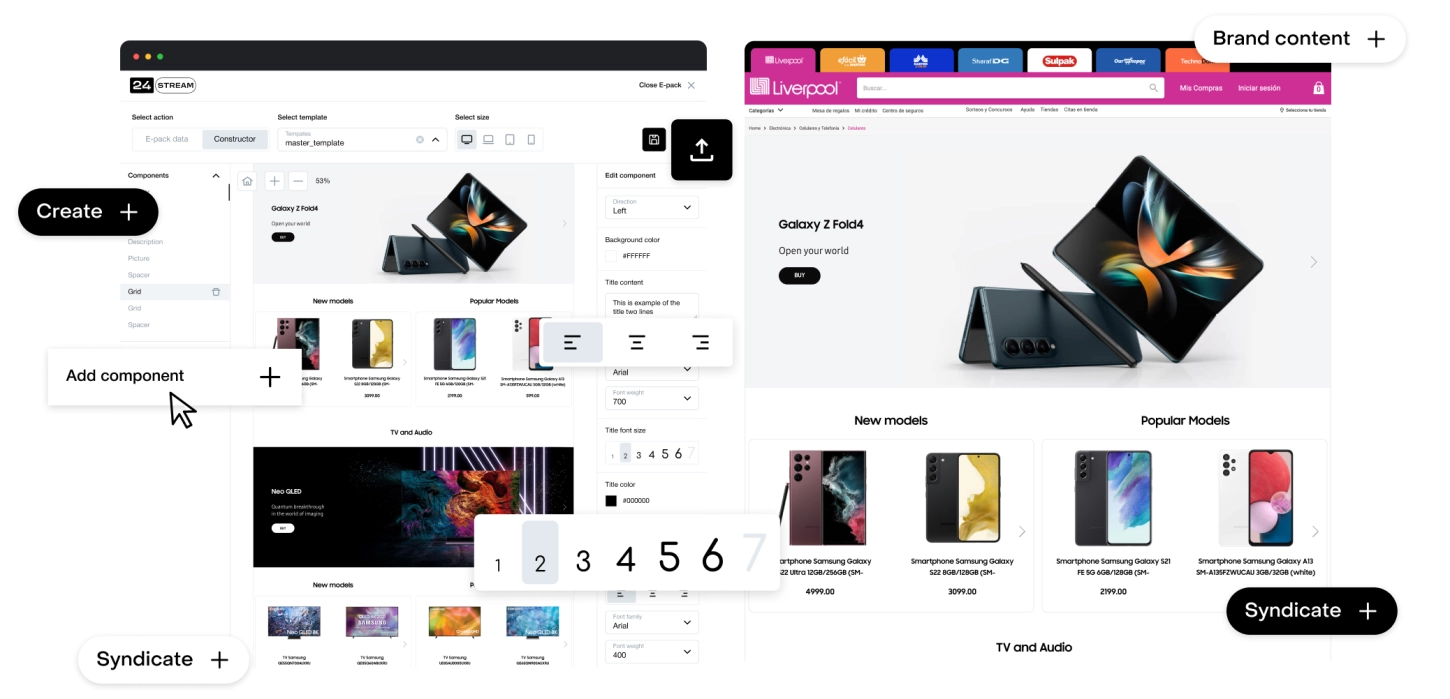 24SIS: brand store builder and a finished Shop-in-Shop storefront on a retailer site