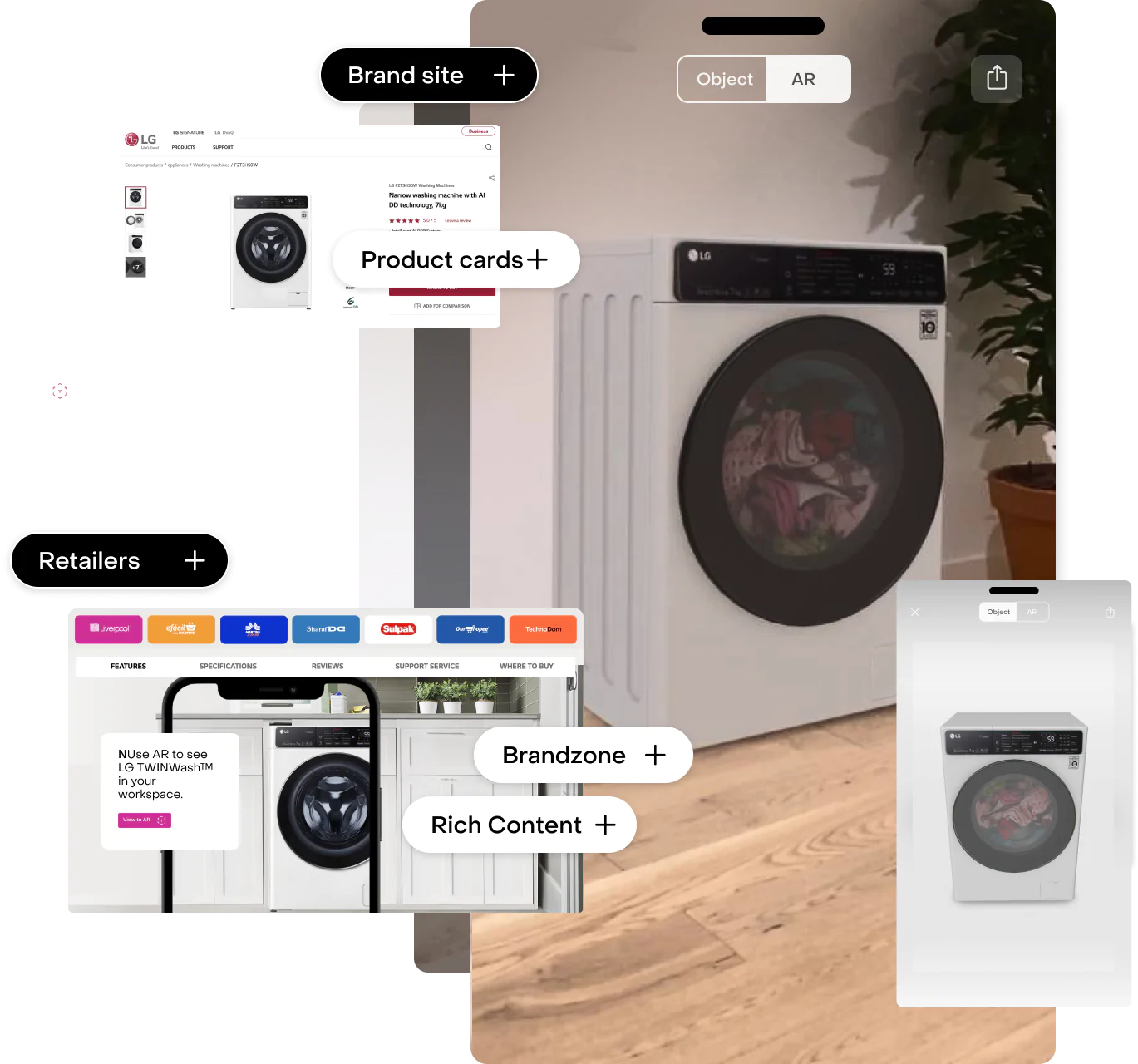 AR product visualization in a room setting and placement channels: brand site, product pages, retailers, brand store